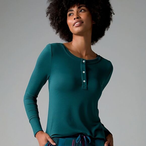 Soma Tops - Soma | Dark Green Henley Textured Stretch Long Sleeve Top, Womens Medium